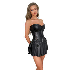 Black Red Faux Leather Overbust Corset Dress